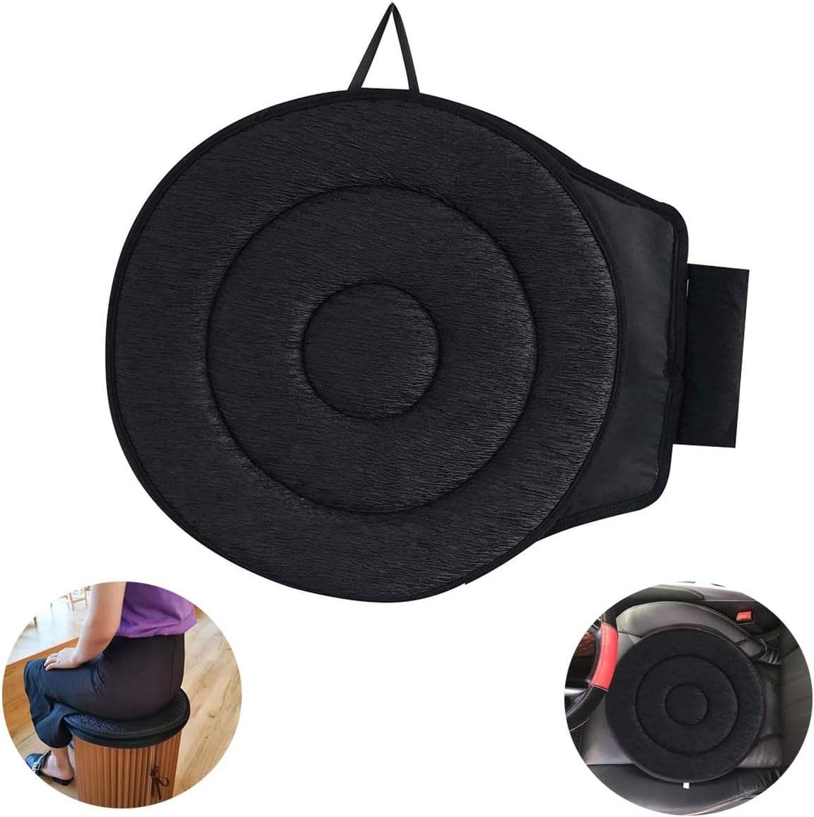MISSCHILI 360 rotating car seat cushion front view showing black circular pleated fabric surface.
