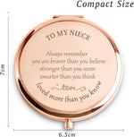 Daricano rose gold compact mirror showing engraved inspirational quote