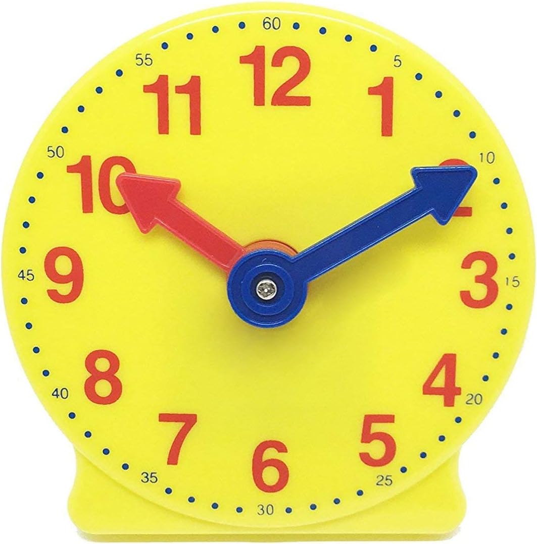 hand2mind plastic mini geared clock front view showing yellow face and red hour hand