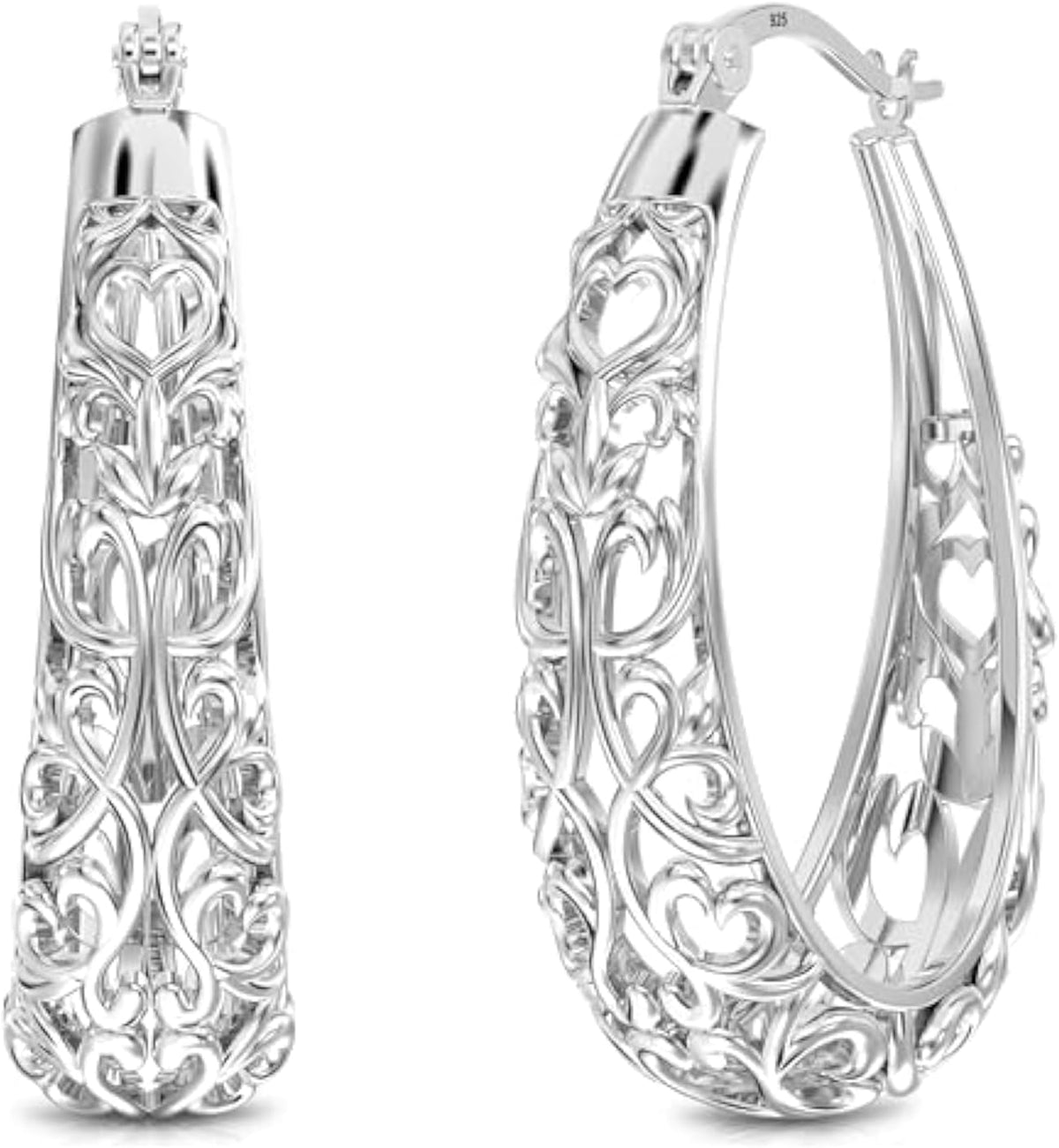 LeCalla 925 Sterling Silver Hoop Earrings for Women | Women's Filigree Hoop Earrings | Antique Oxidized Openwork Mesh Filigree Cut Earring Chunky Hoops | Hypoallergenic Vintage Filigree Oval Hoop Earrings for Women - Image 9