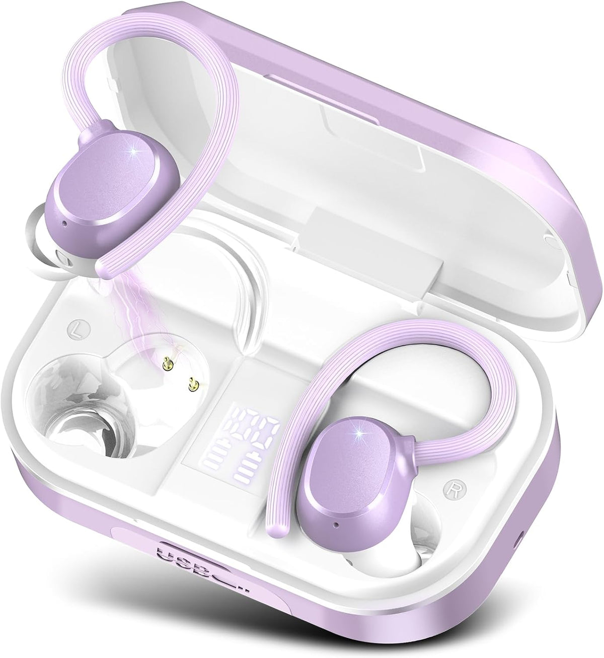 POMUIC wireless earbuds front view inside charging case