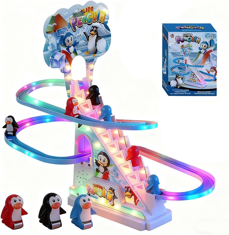 UJEAVETTE penguin climbing toy set front view showing the automatic stairs and winding slide track.