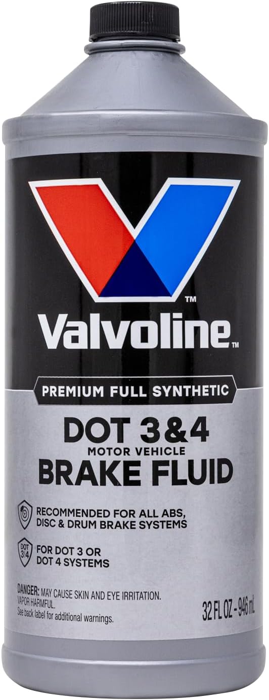 Valvoline Synthetic DOT 3 and 4 Brake Fluid 32 ounce front bottle view showing automotive hydraulic fluid specifications.