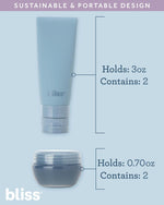 Bliss travel size spray and pump bottles displayed side by side for liquid toiletries.