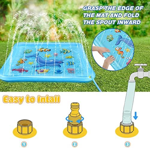 Square 67 inch inflatable wading pool for kids demonstrating adjustable spray water heights