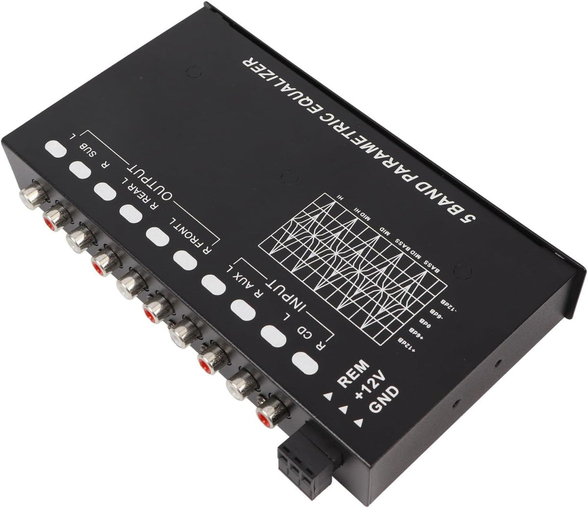 5 band car equalizer close-up of frequency tuning knobs