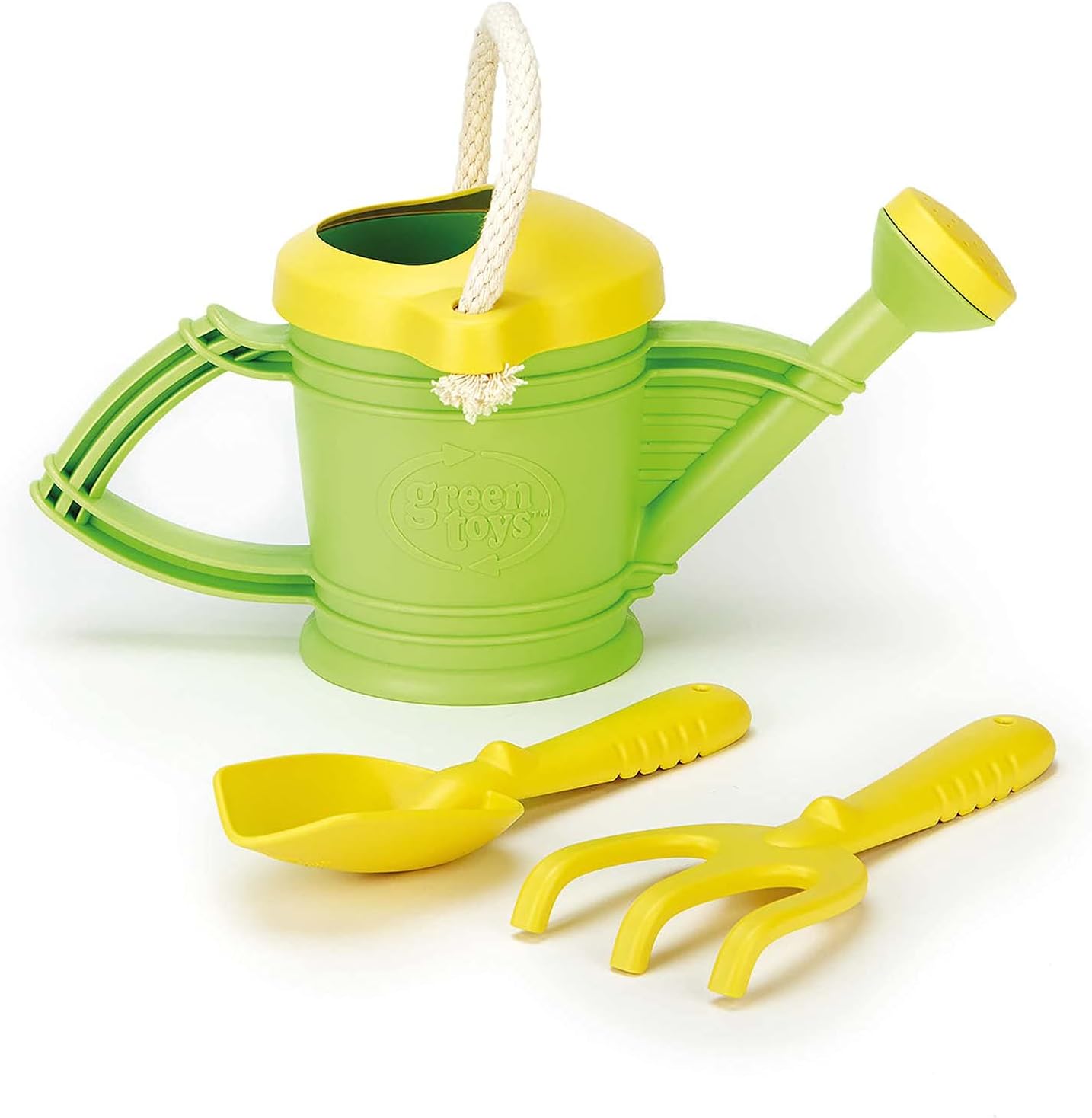 Green Toys Watering Can Toy Green front view of eco friendly toddler gardening set