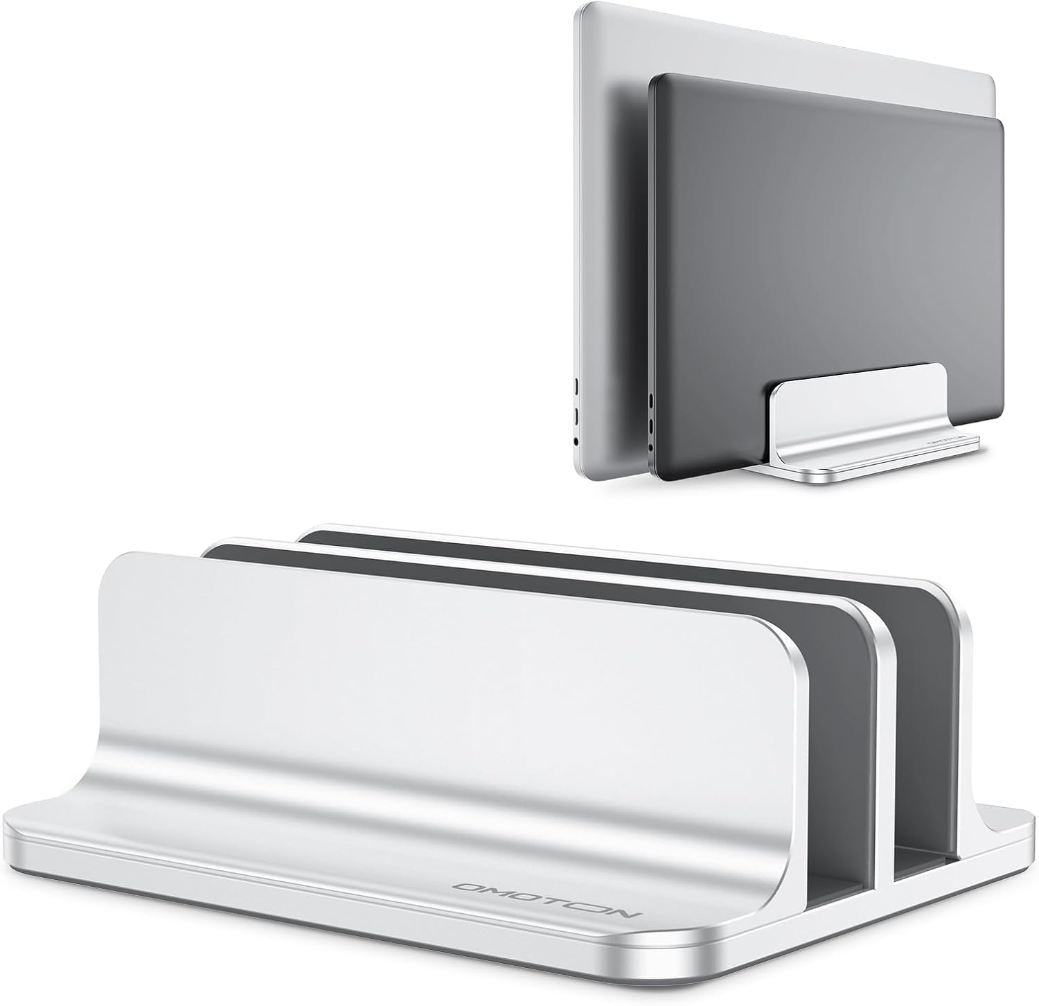 OMOTON vertical laptop stand double dock silver front view