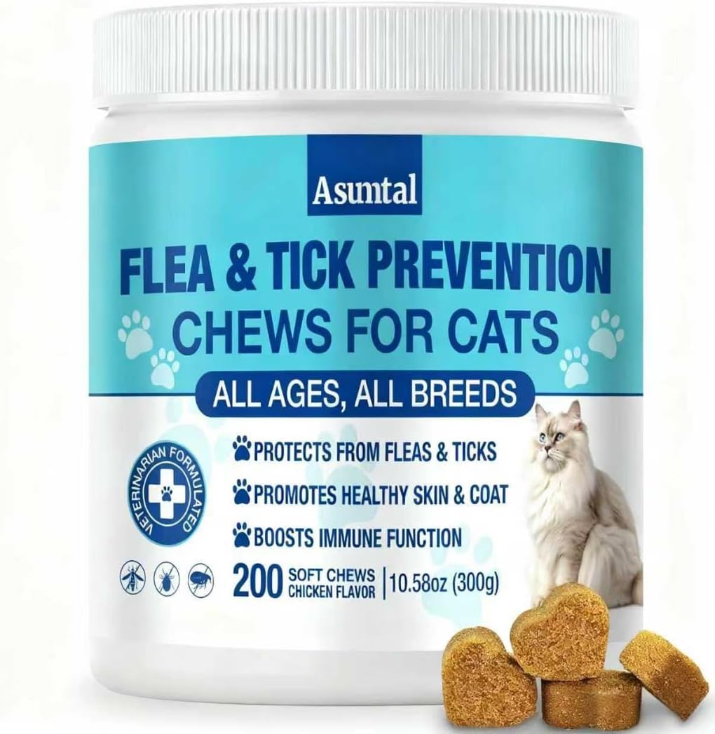 Asumtal flea and tick prevention for cats chicken flavor 200 soft chews front bottle view