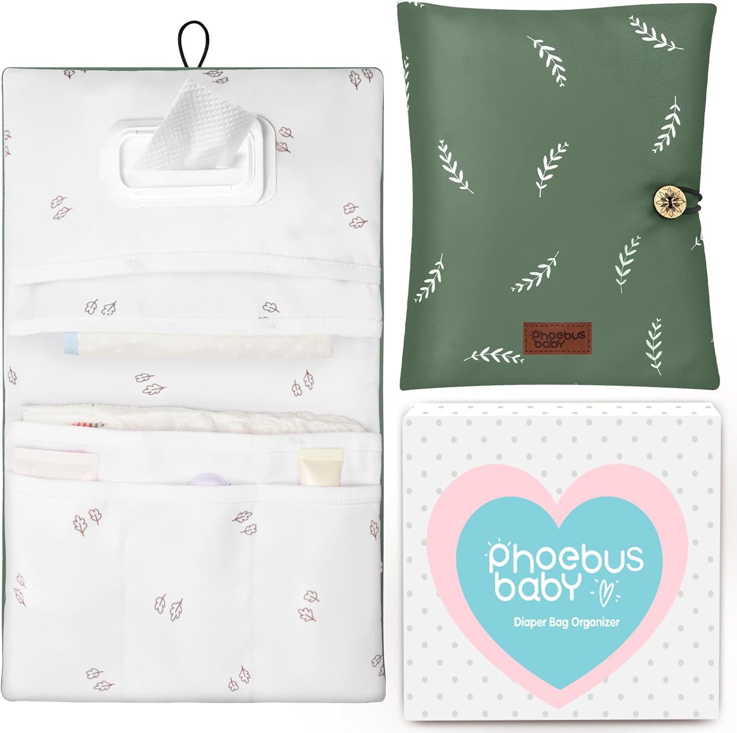 Phoebus Baby diaper bag organizer front view with leaf pattern