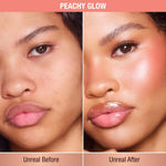 Charlotte Tilbury Unreal Healthy Glow Blush Stick Peachy Glow shade swatched on skin.