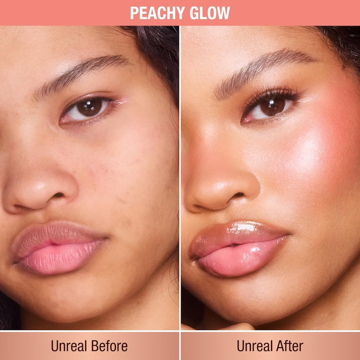 Charlotte Tilbury Unreal Healthy Glow Blush Stick Peachy Glow shade swatched on skin.