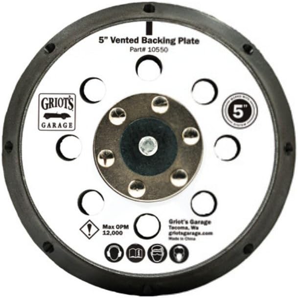 Griot's Garage 5 Inch Vented Orbital Backing Plate showing front view with hook and loop face and integrated cooling ports.