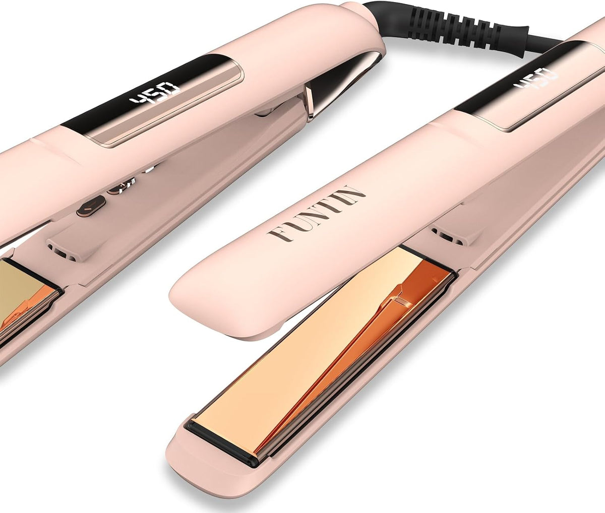FUNTIN S10 hair straightener front view showcasing baby pink design