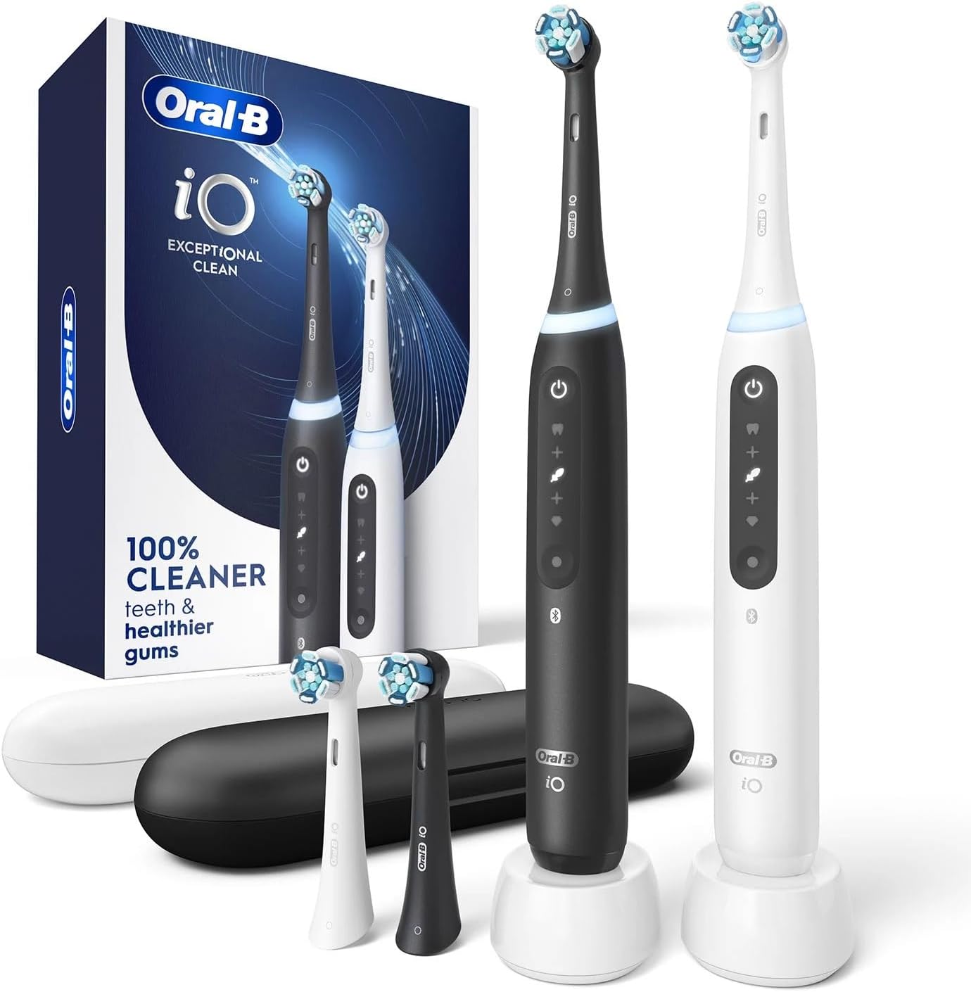 Oral-B iO Series 5 electric toothbrush dual pack front view displaying two handles and premium charging base.