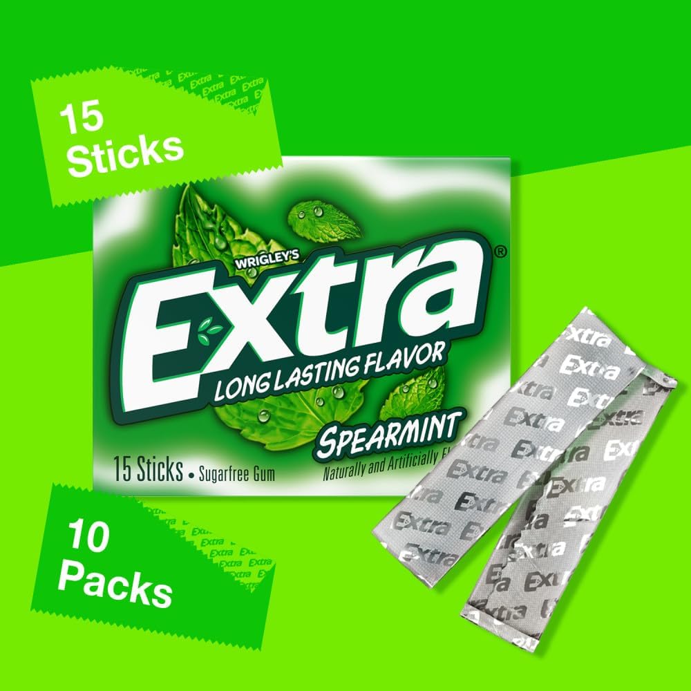 Wrigley's Extra Spearmint Chewing Gum nutrition facts and official ingredient list on the back of the package.