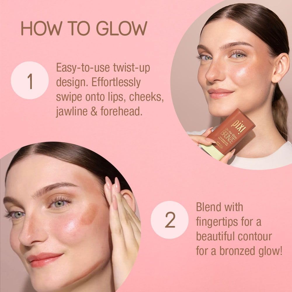 Model applying Pixi bronzer stick to cheekbones
