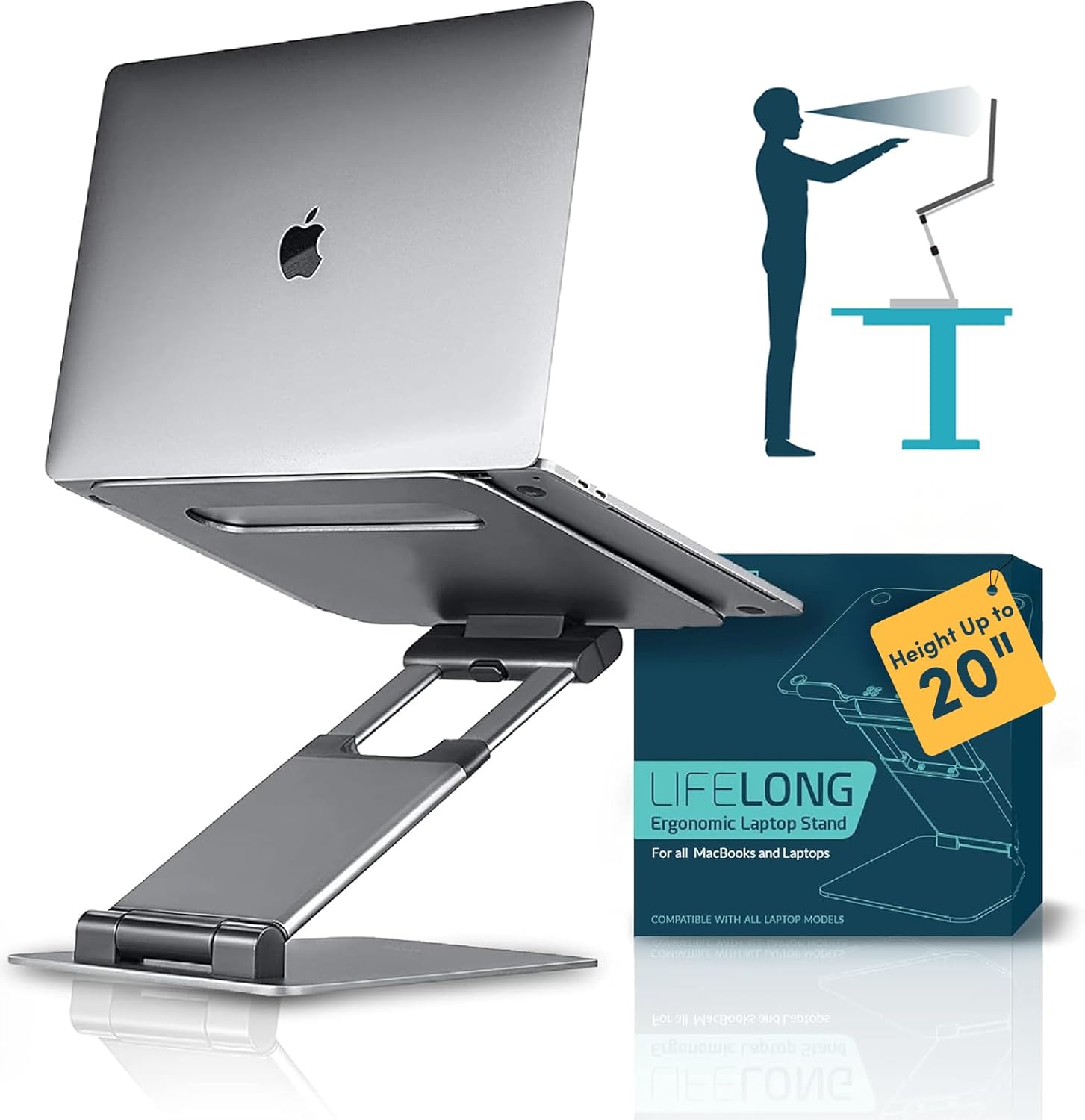 Lifelong ergonomic adjustable laptop stand front view extended to full height on an office desk.