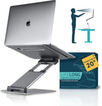 Lifelong ergonomic adjustable laptop stand front view extended to full height on an office desk.