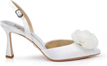 Badgley Mischka Carlise close-up of floral rosette on pointed toe