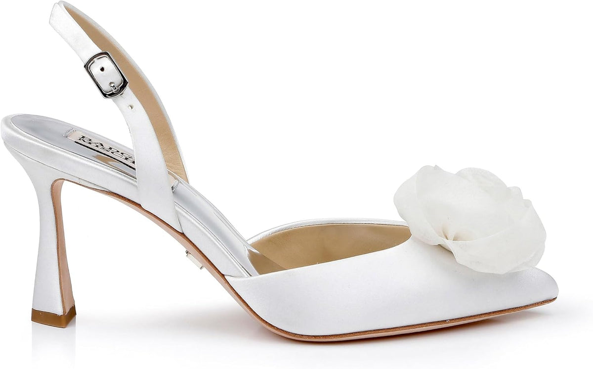 Badgley Mischka Carlise close-up of floral rosette on pointed toe