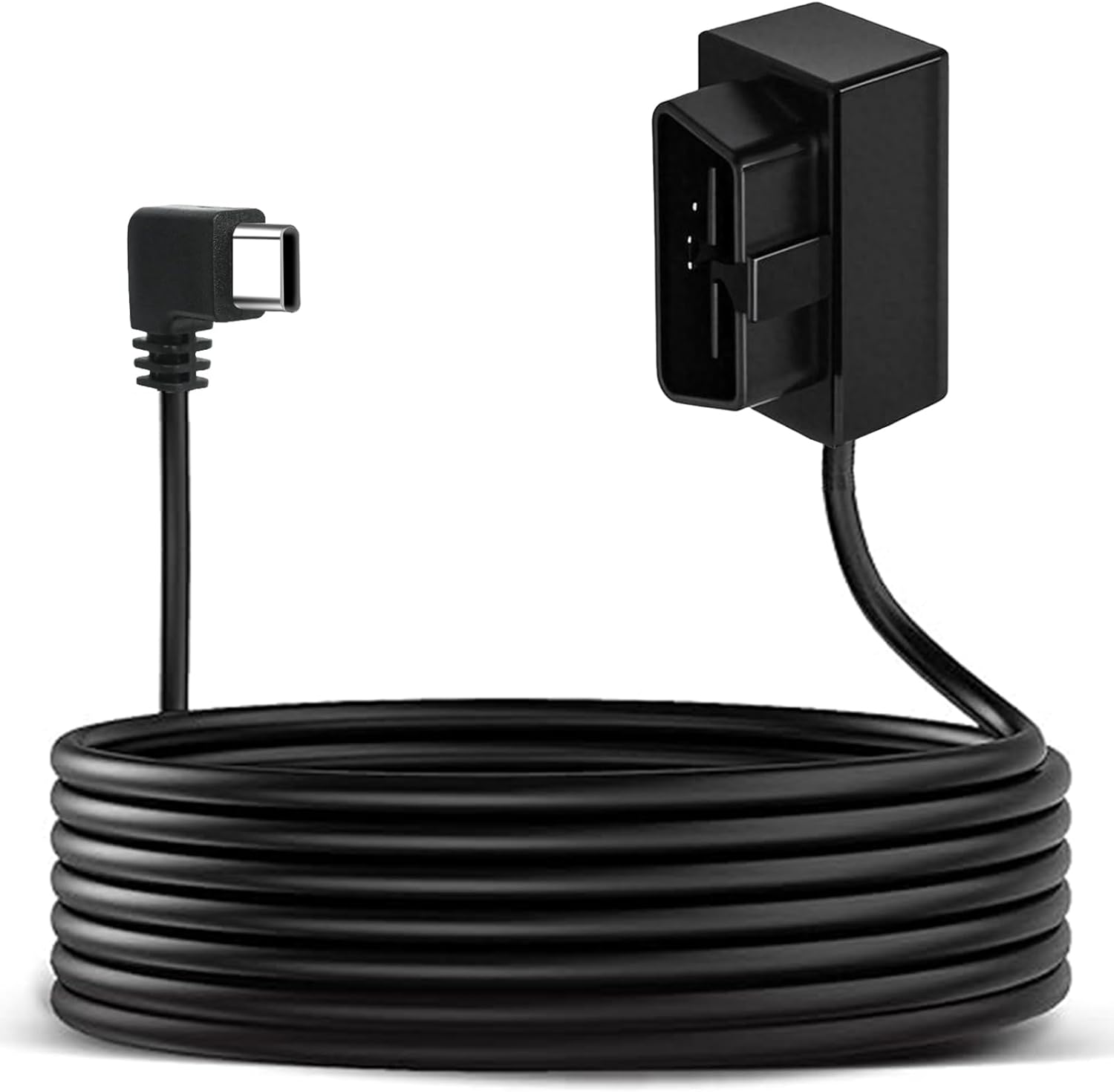 Suplogico dash cam hardwire kit front view showing the OBD2 connector plug and heavy duty black power cable.