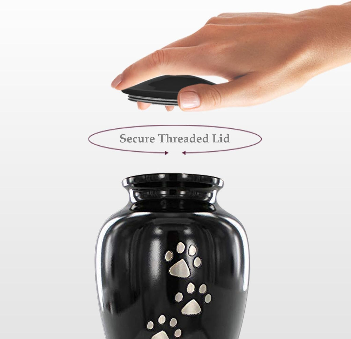 Black metal pet urn with screw top lid