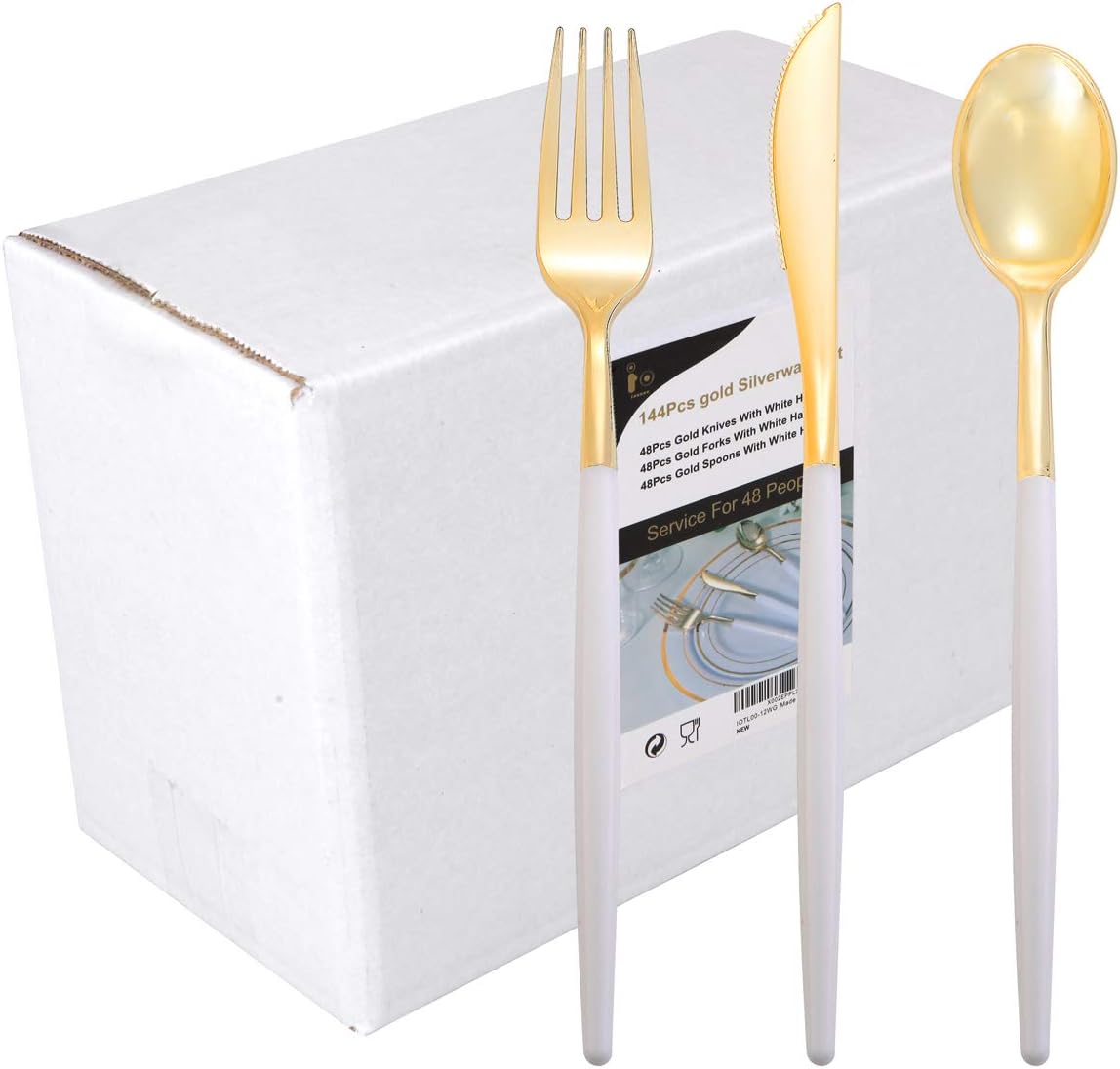 I00000 144 piece gold plastic silverware set front view for wedding table decor.
