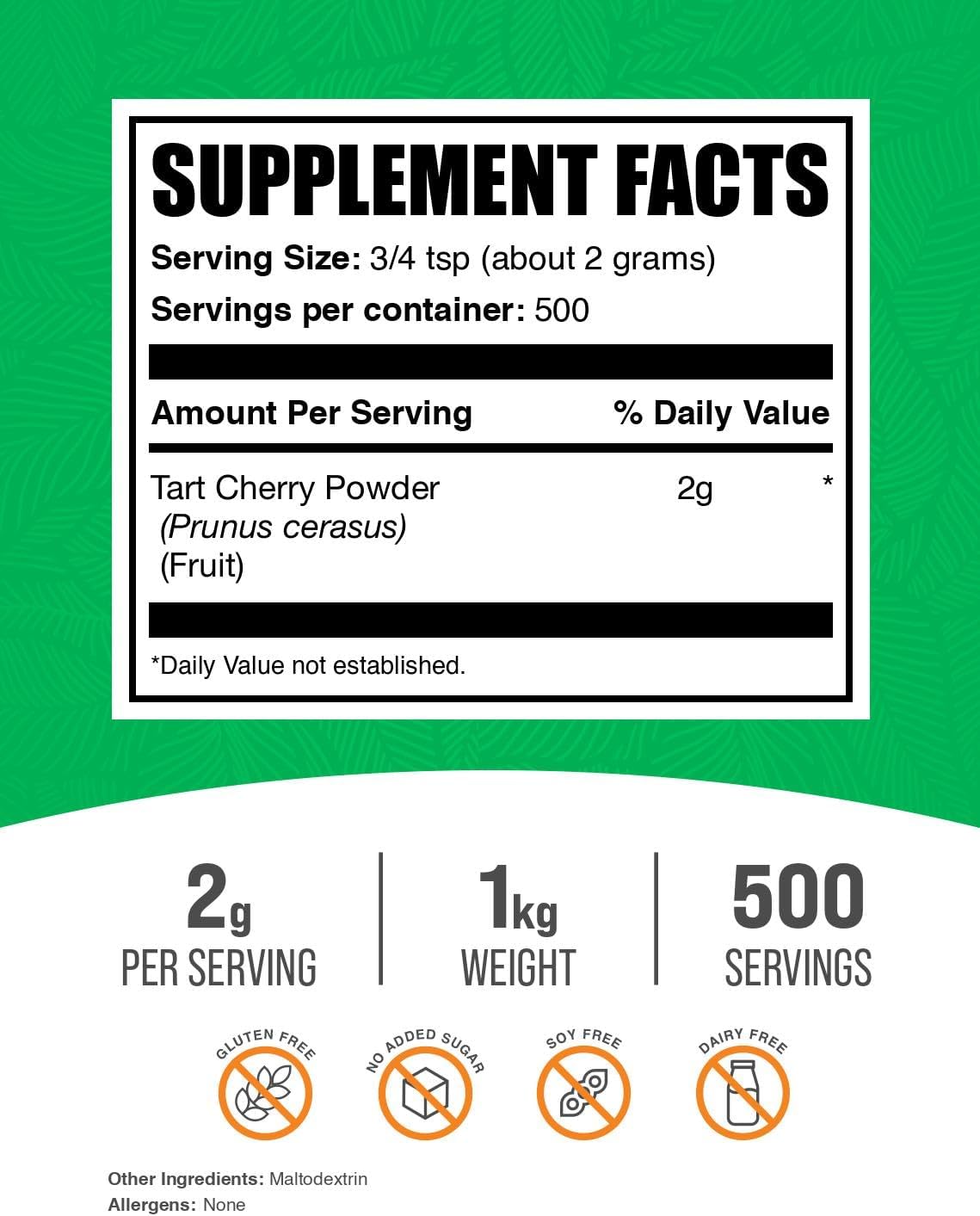 BulkSupplements Tart Cherry Powder supplement facts and nutritional information label