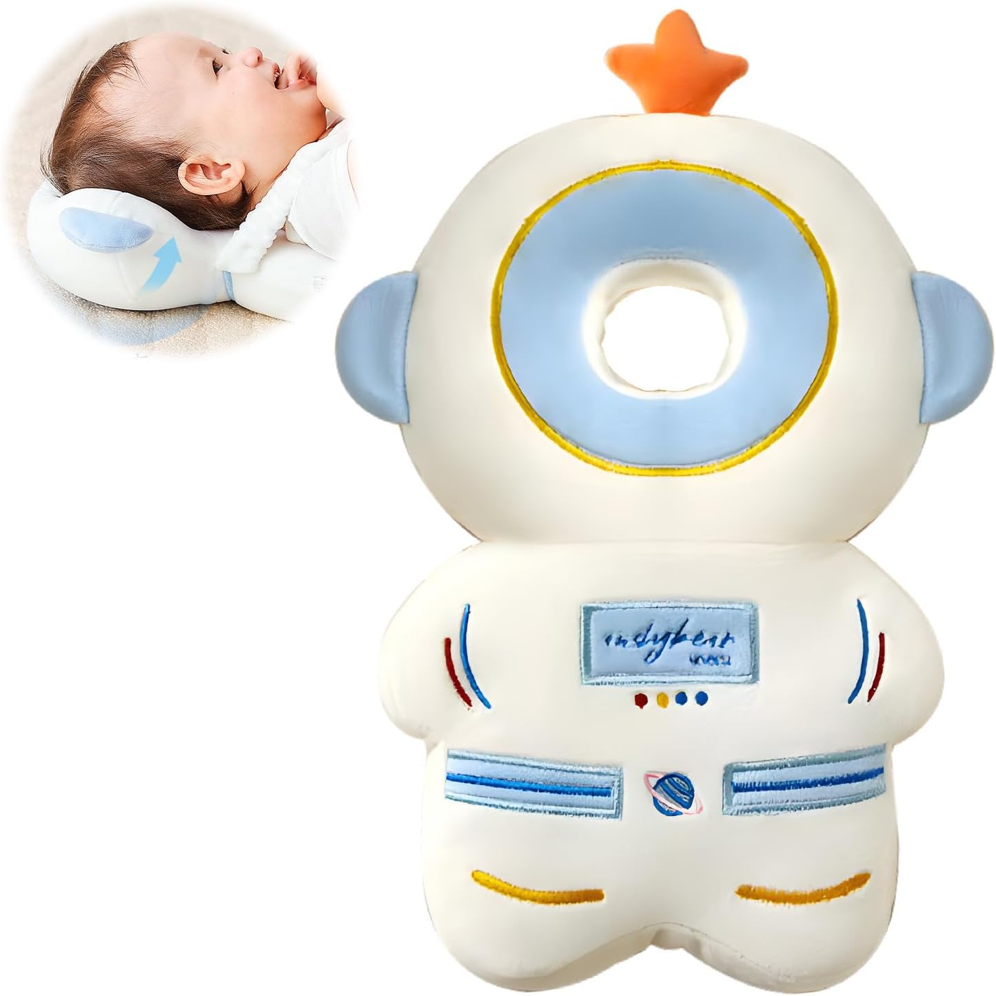 IndyBear baby walker head protector backpack astronaut front view showing blue ring detail.