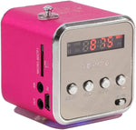 Yoidesu TD-V26 Portable Mini Speaker front view showing metallic pink aluminum alloy finish and digital display screen