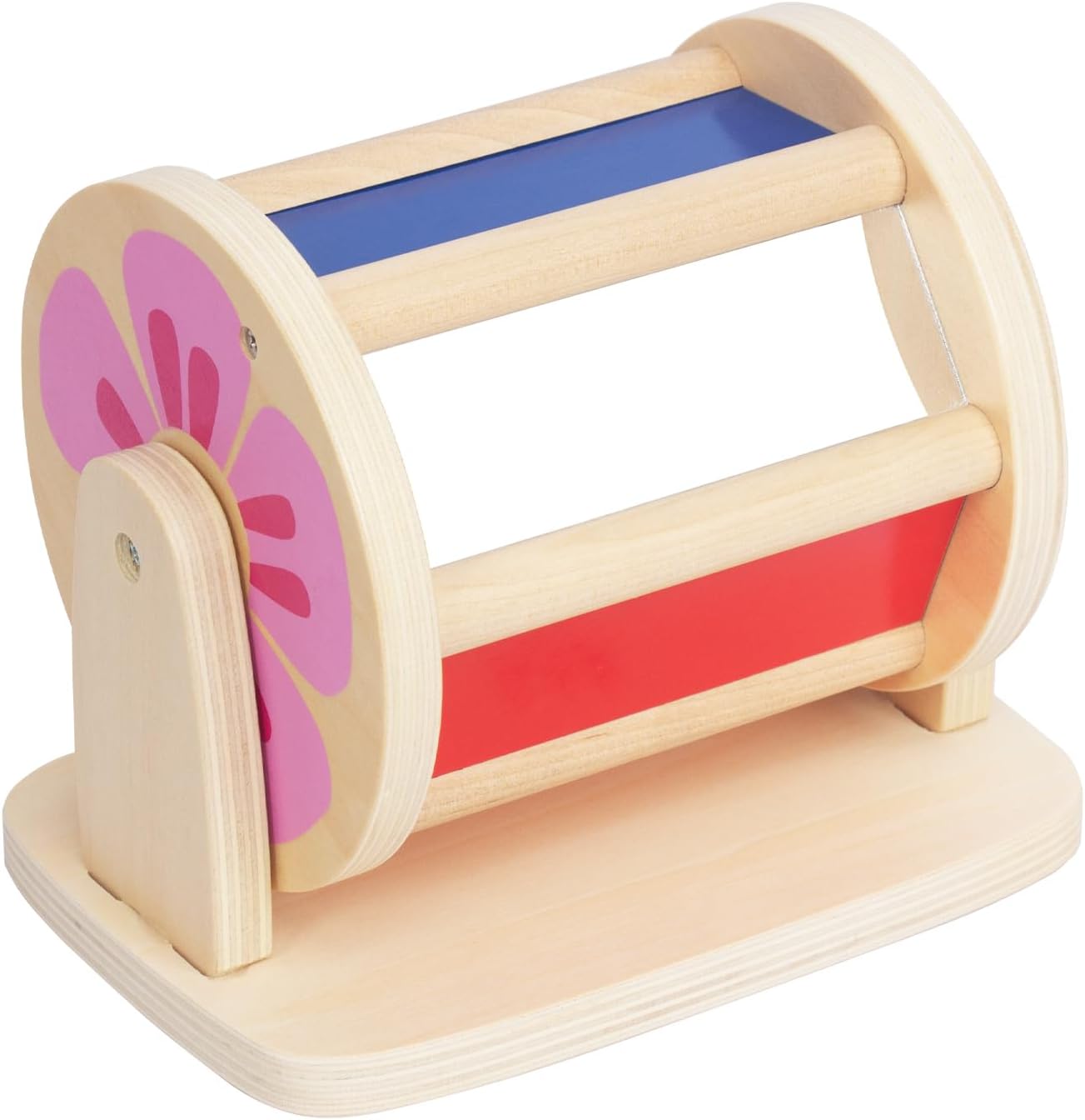 WOODENFUN Montessori spinning drum wooden toy front view during infant tummy time play.