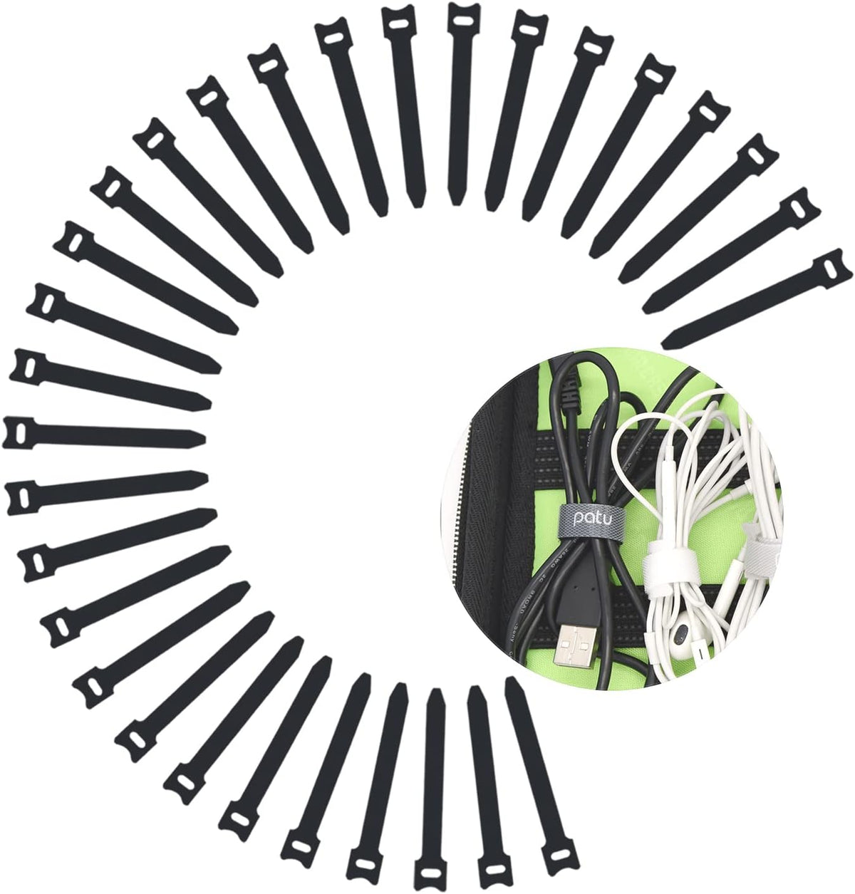 Patu reusable fastening cable ties 30 pieces pack front view showcasing black microfiber straps