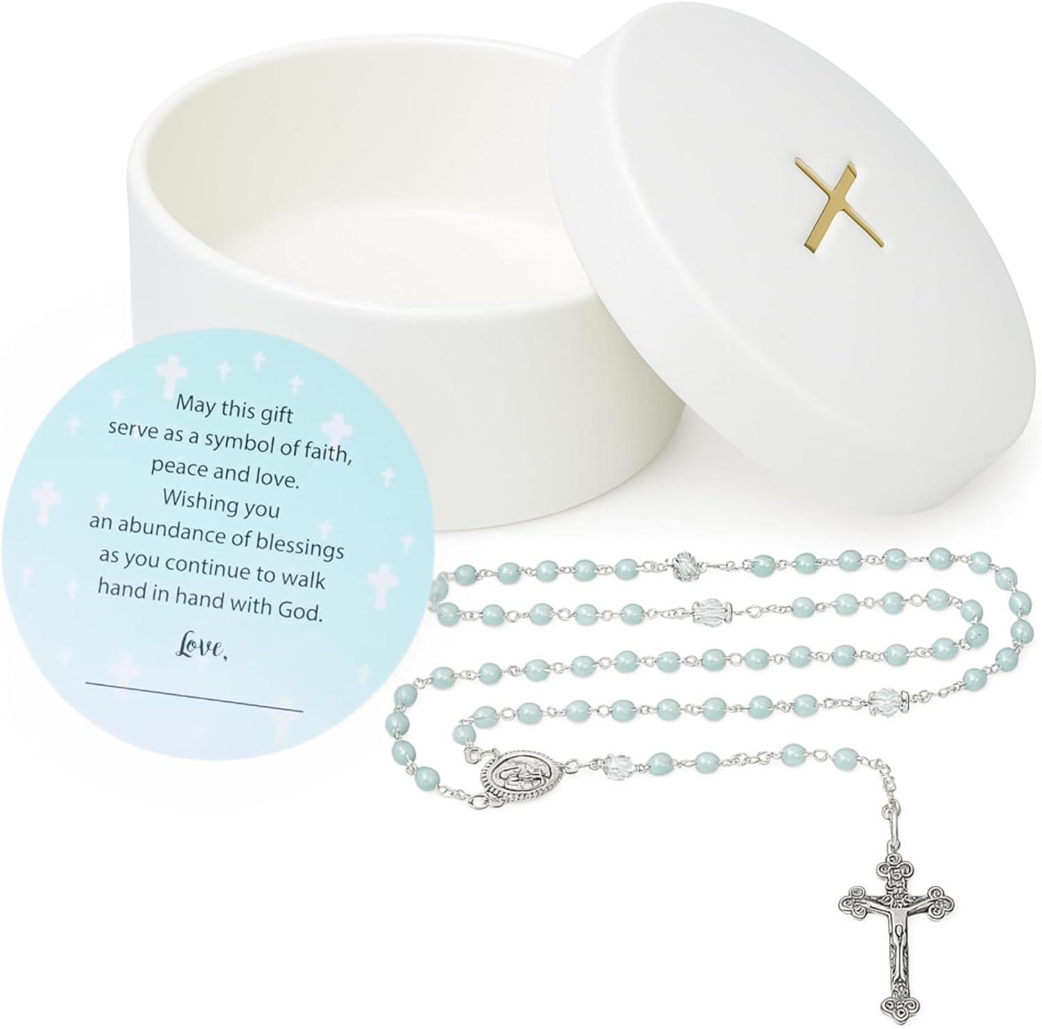 Sweet Treasures Gifts boys baptism rosary set front view showing blue beads and ceramic cross box