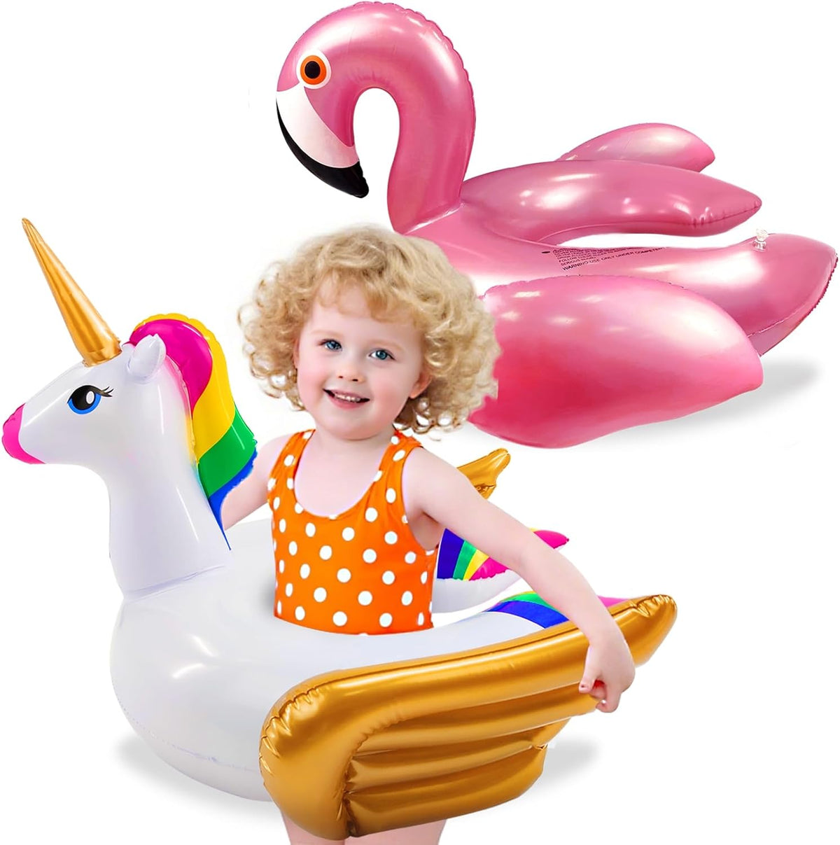 IGeeKid unicorn and flamingo pool floats front view for kids.