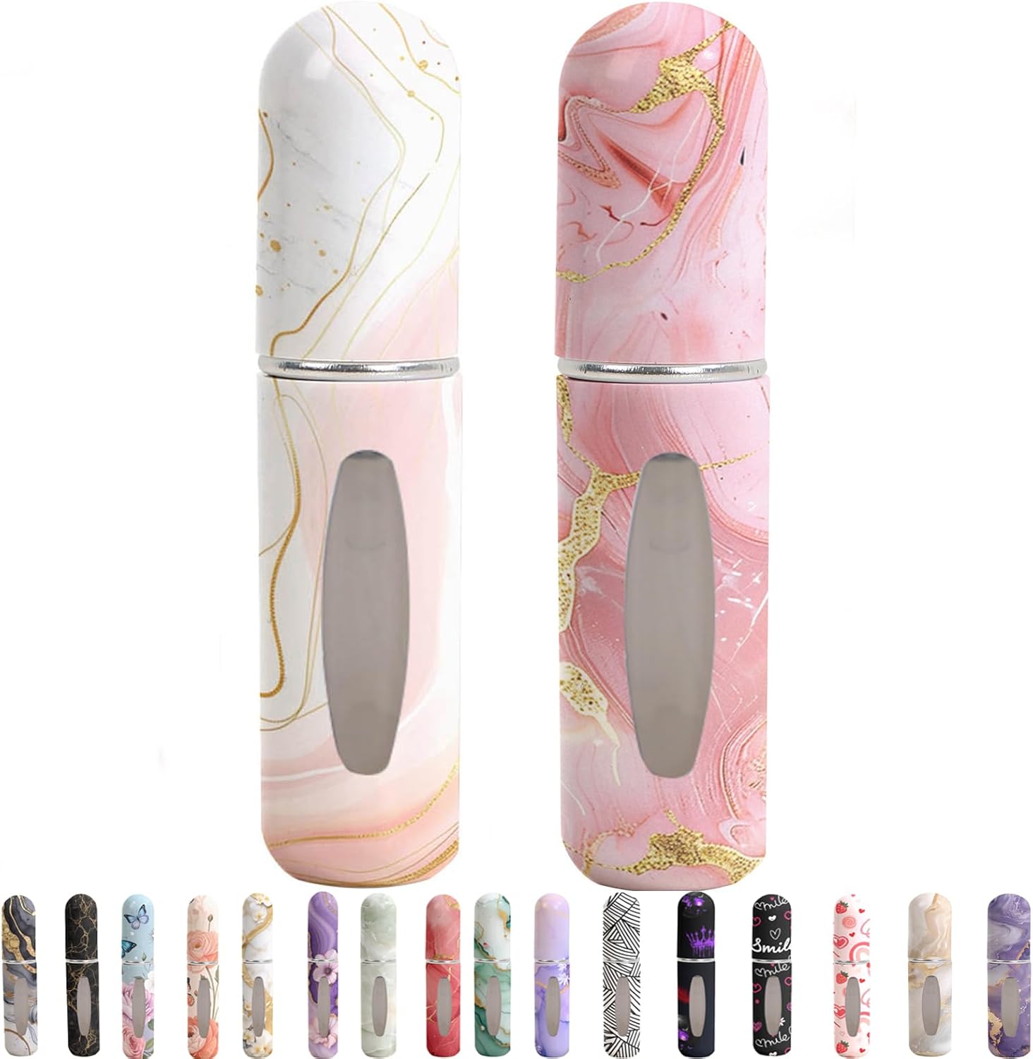 Syyflibb 2 pack refillable perfume travel bottle in white and pink with unique patterns