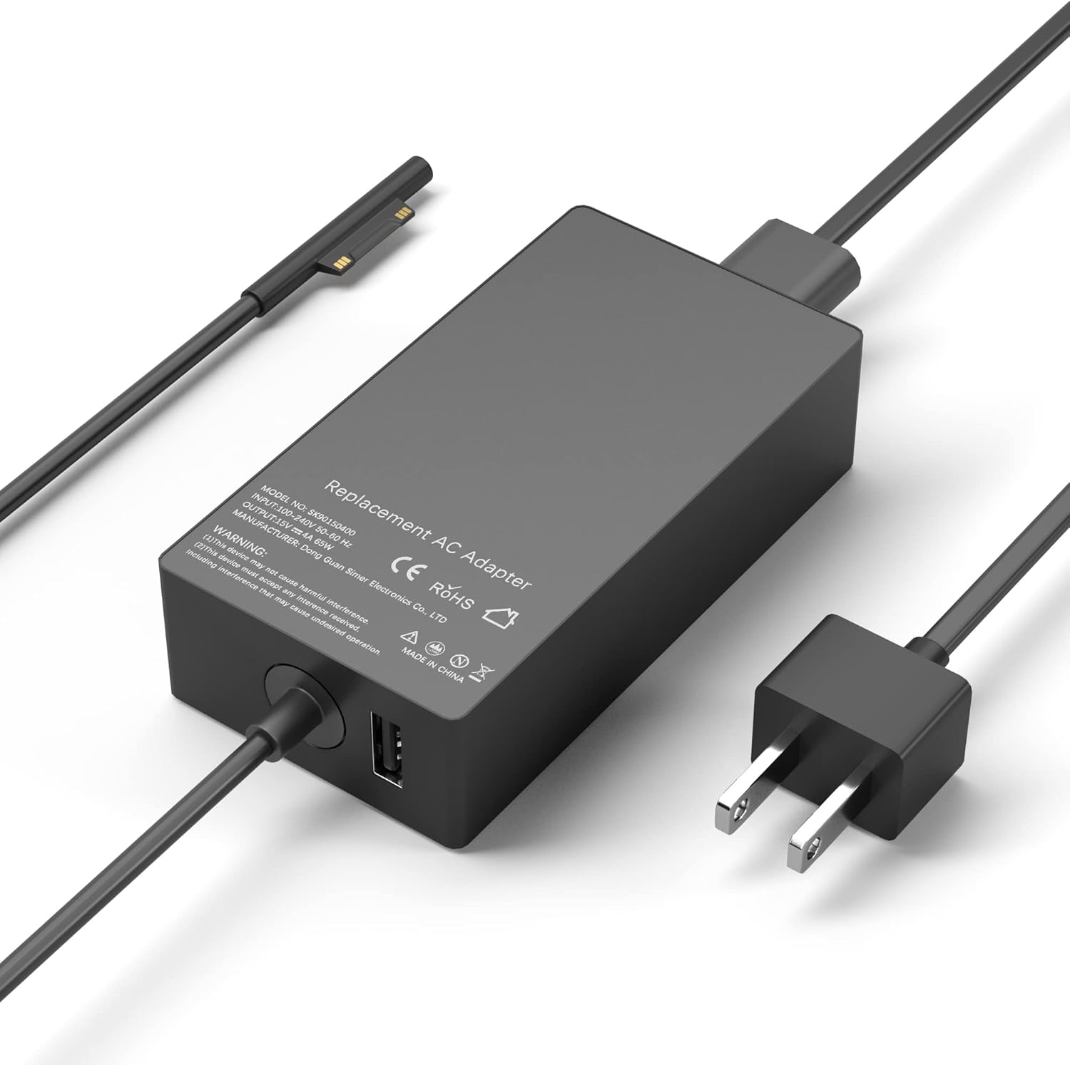 TruAI LLC 65W Surface Pro charger replacement power brick showing magnetic connector front view