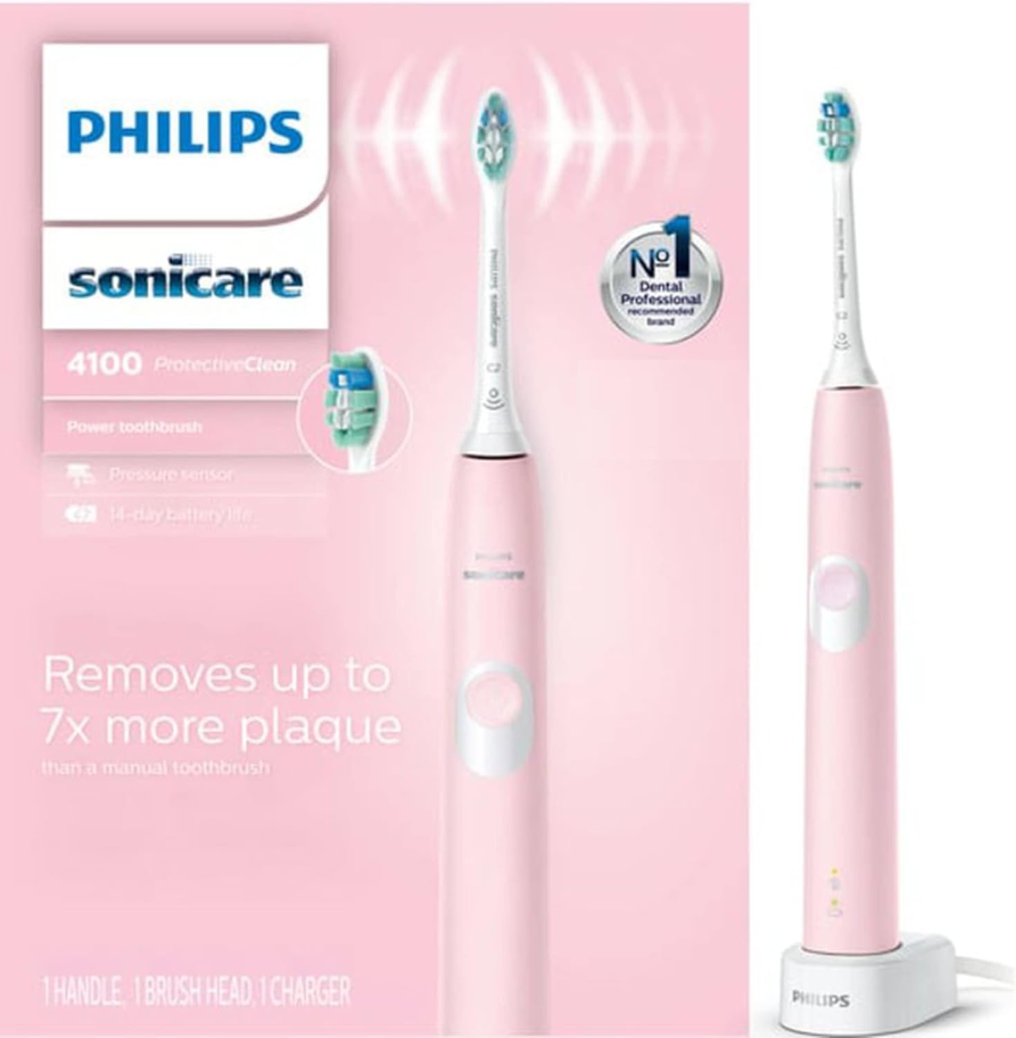Philips Sonicare ProtectiveClean 4100 Pastel Pink front view showcasing sleek handle design.