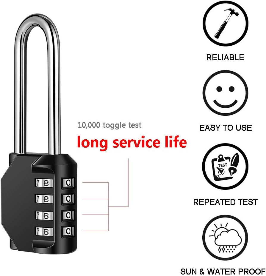 2 Pack disecu 2.6 Inch Long Shackle Combination Lock, 4 Digit Outdoor Waterproof Padlock for School Gym Locker, Sports Locker, Storage Unit, Gate, Fence, Toolbox, Cabinet (Black) - Image 3