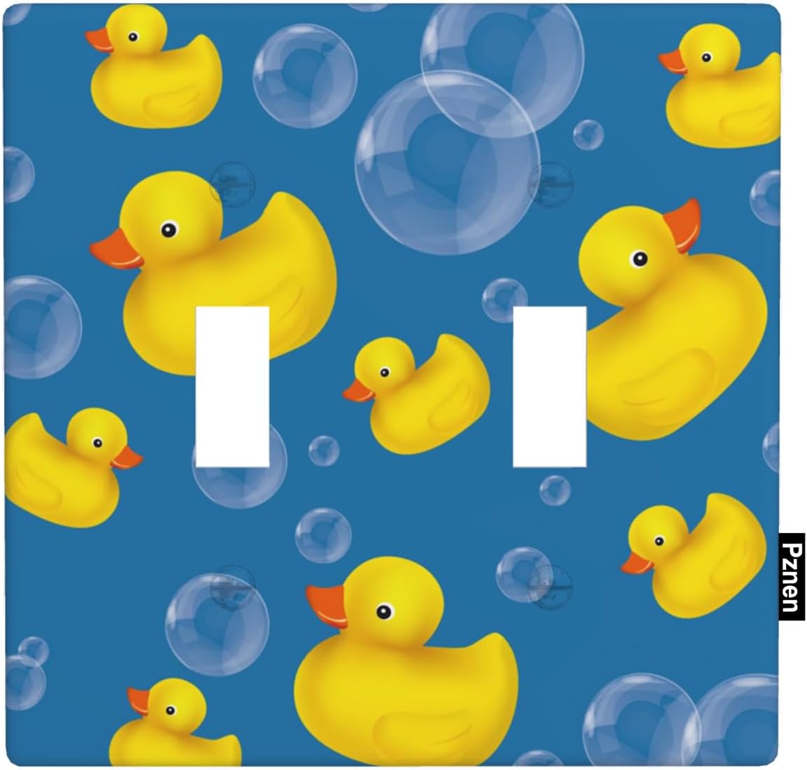 Pznen ducks double toggle light switch cover plate front view featuring yellow rubber ducks on a blue background.