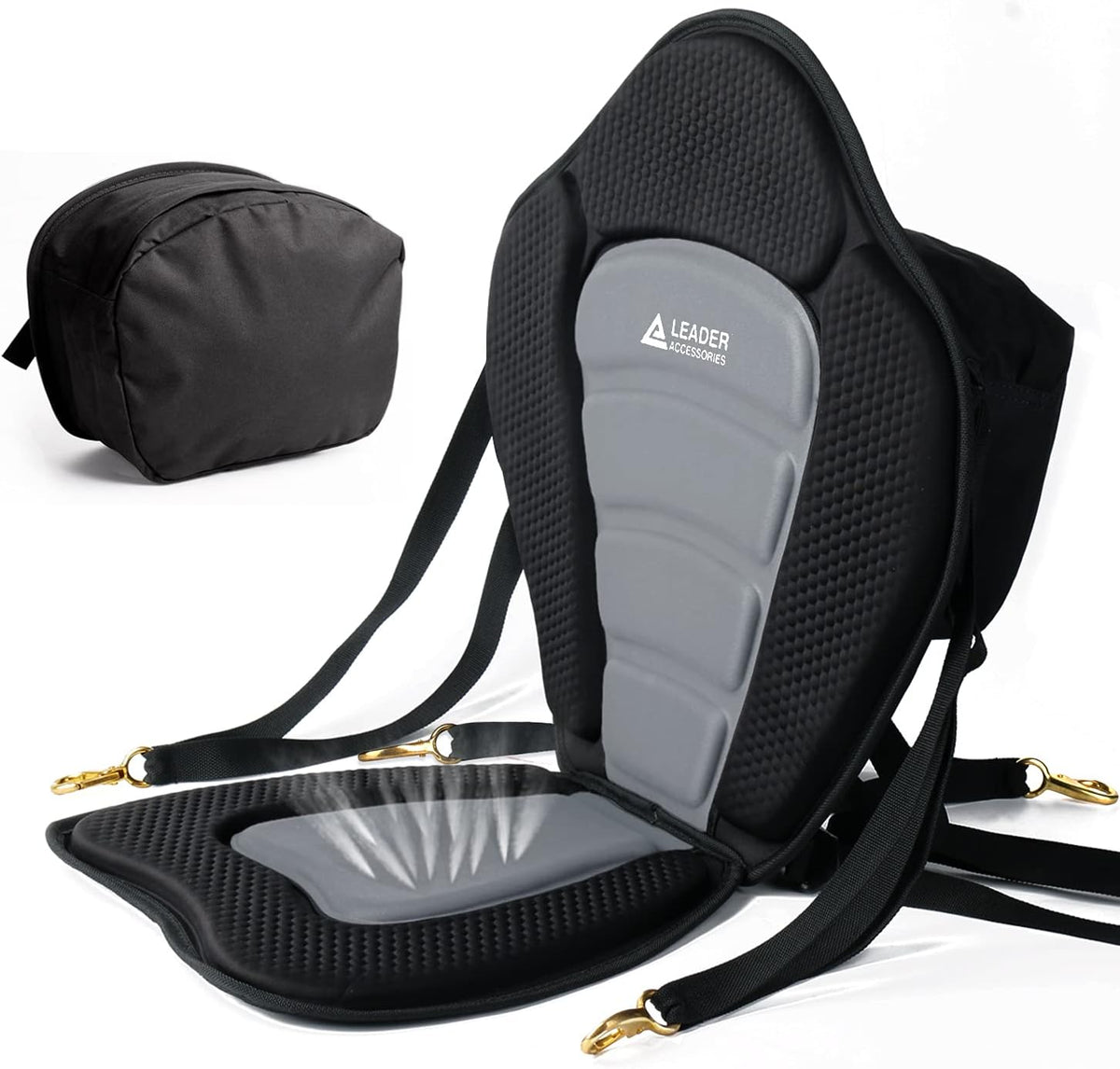 Leader Accessories kayak seat front view with cushion and storage bag