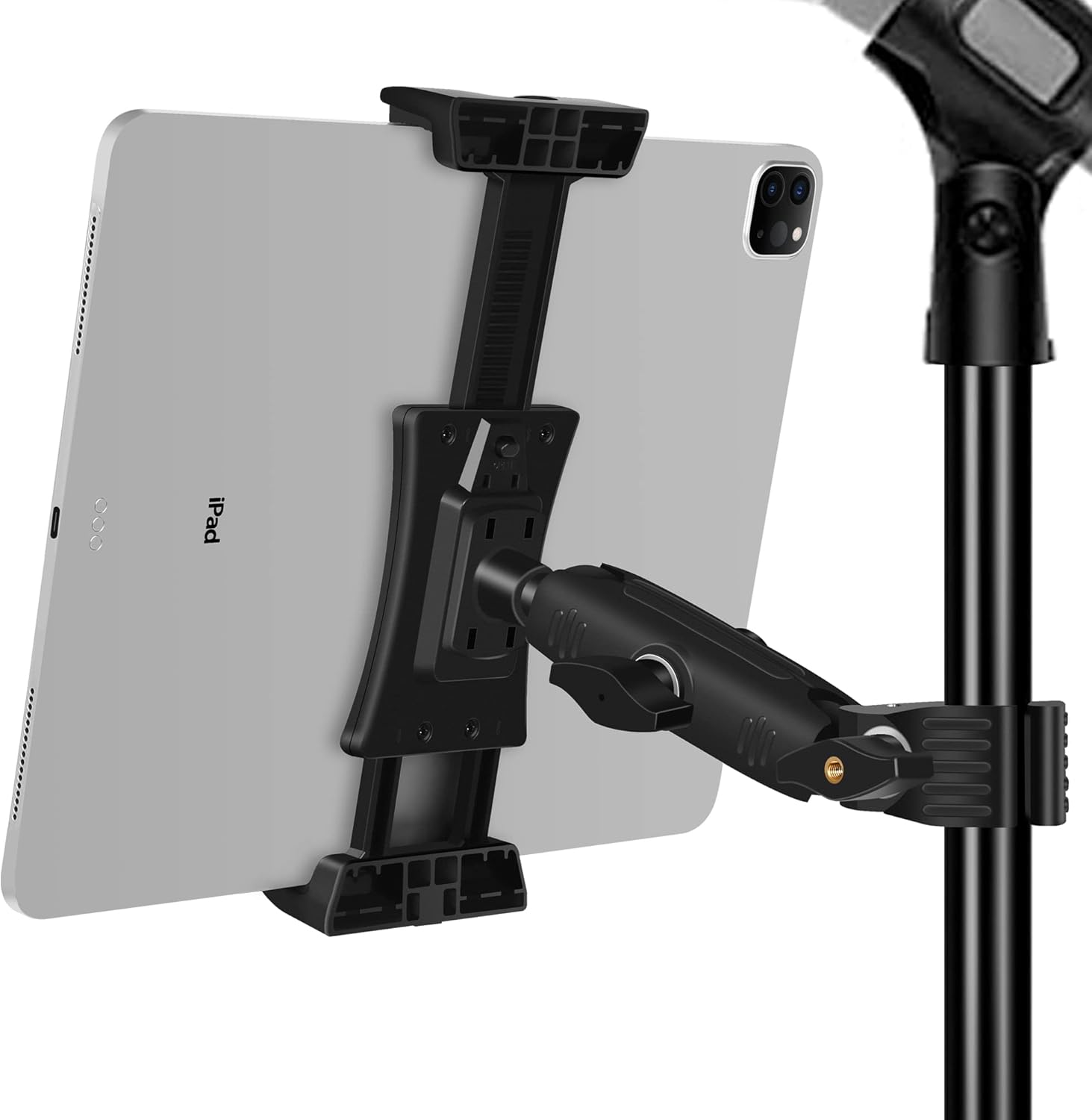 Peastrex iPad Holder for microphone stand front view showing secure tablet clamp