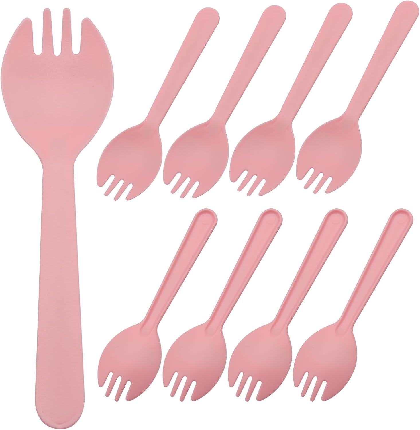 N-KONGJIAN Hitefu heavy weight disposable plastic sporks front view showcasing the bright pink color and 2-in-1 design.