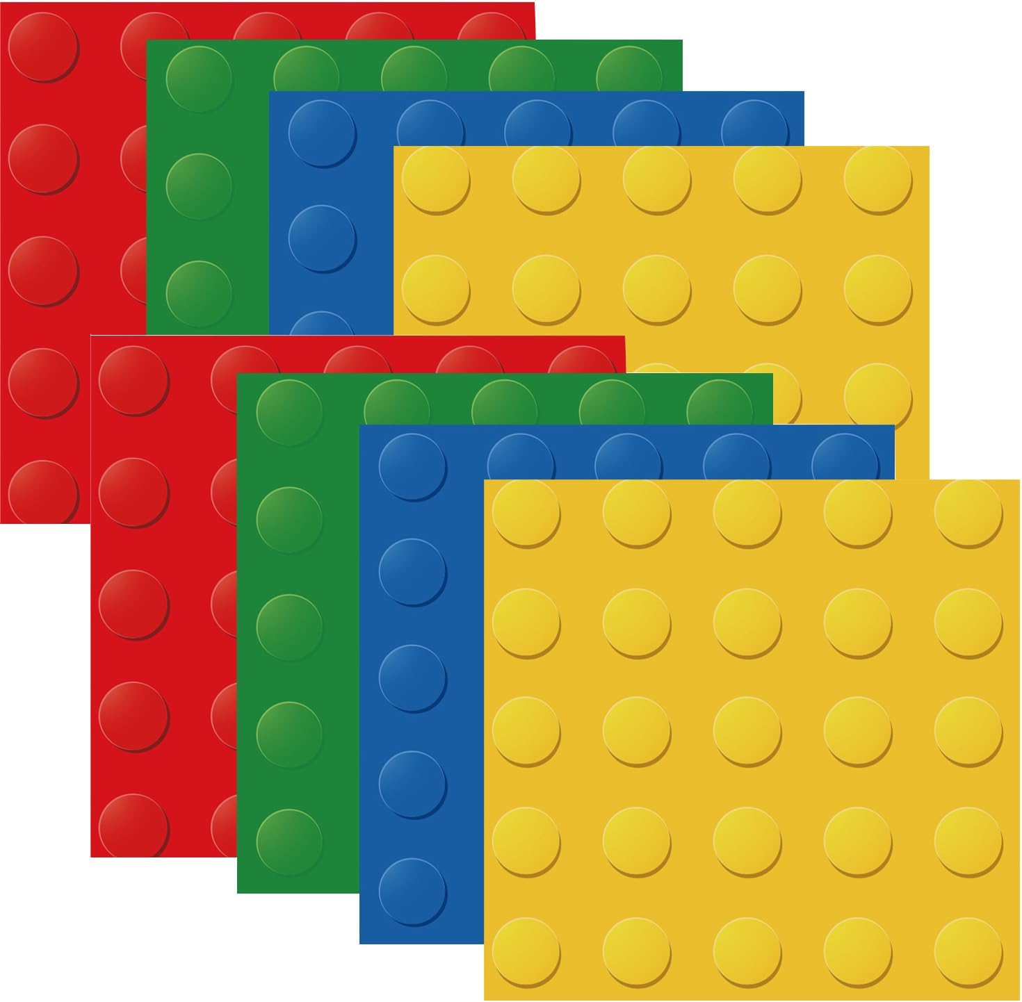 Muplaya building block themed paper napkins front view showcasing red blue green and yellow brick designs for birthday party decorations.