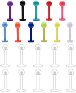 Complete 16-piece clear body piercing jewelry collection overview.
