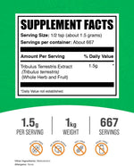 BulkSupplements Tribulus Terrestris 1 Kilogram bag displaying nutrition facts and clean ingredients.