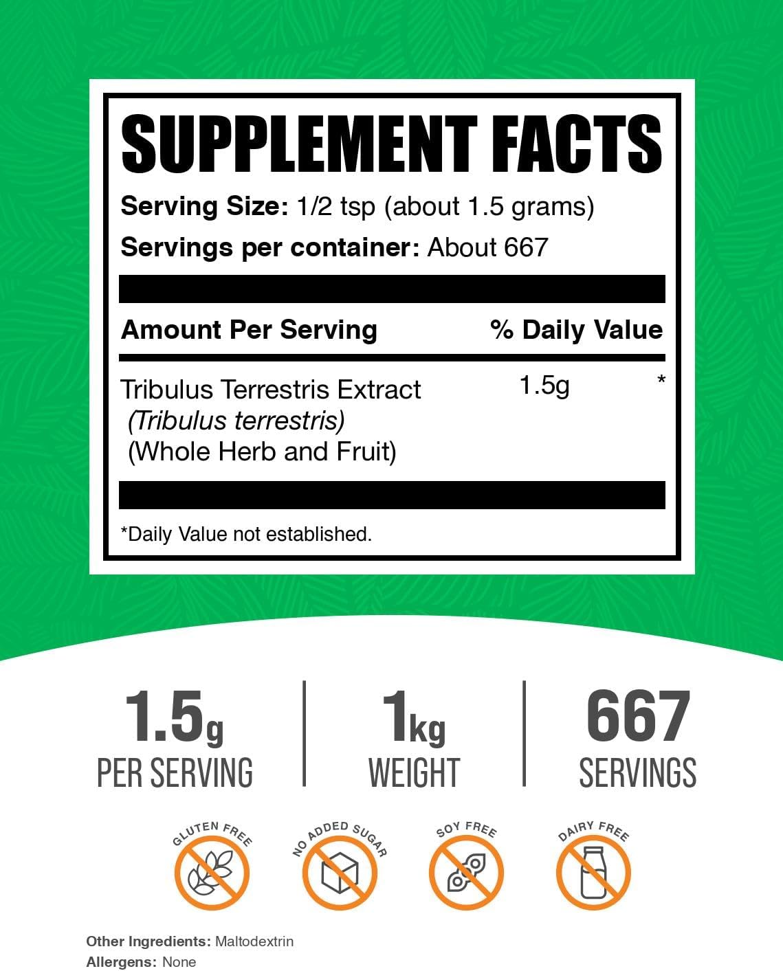 BulkSupplements Tribulus Terrestris 1 Kilogram bag displaying nutrition facts and clean ingredients.