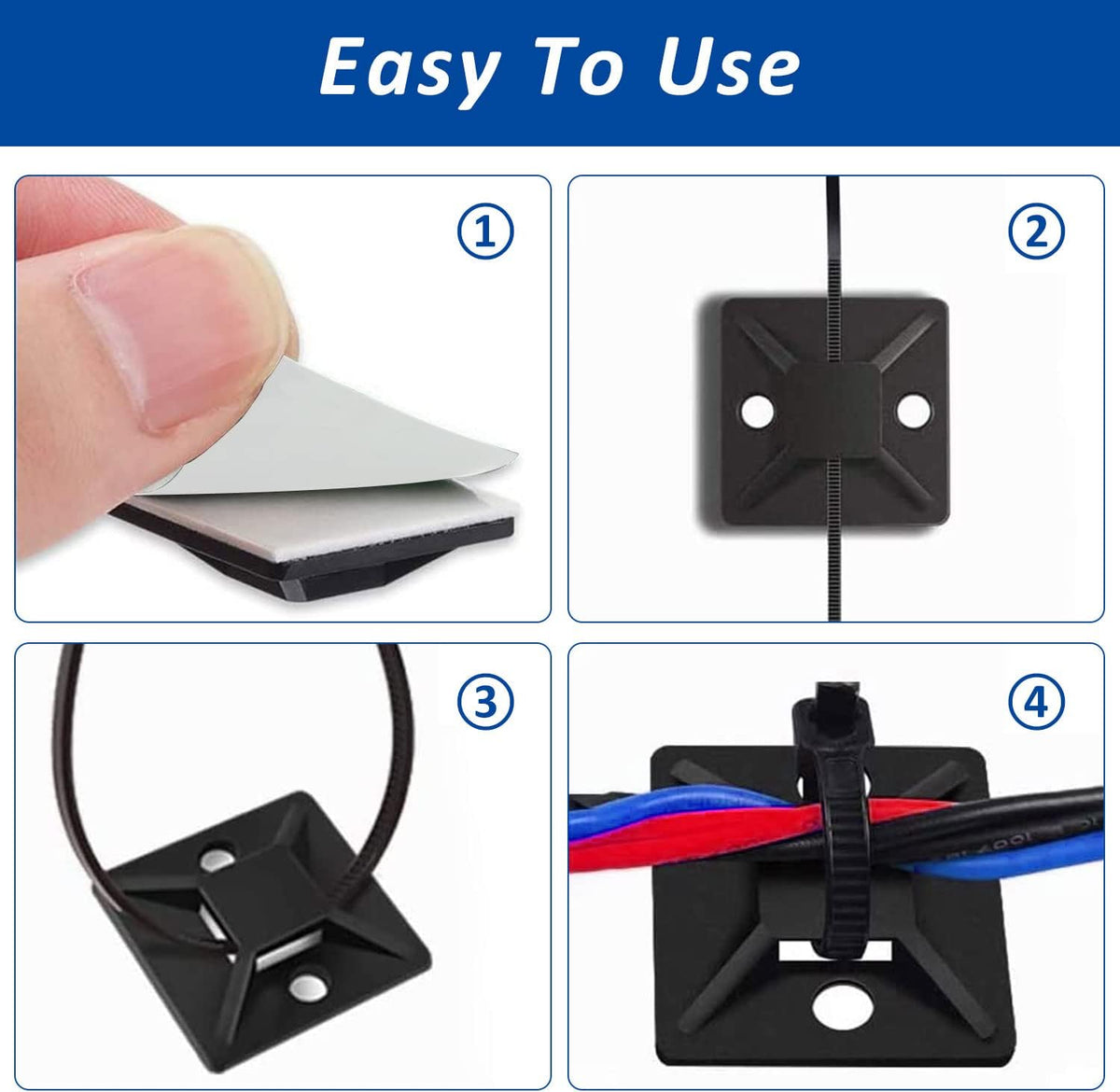 CZXNBI nylon zip ties inserted through adhesive mount squares