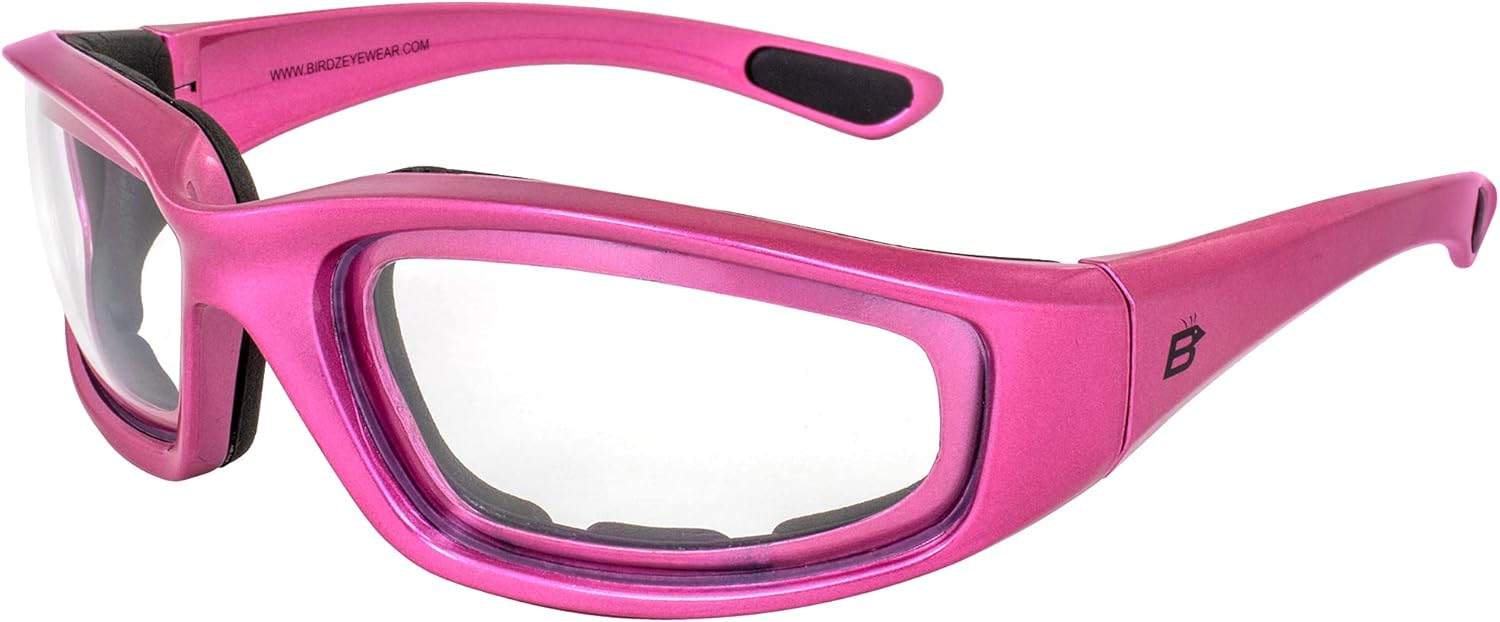 Birdz Eyewear Oriole women motorcycle sunglasses front view pink frame clear lens