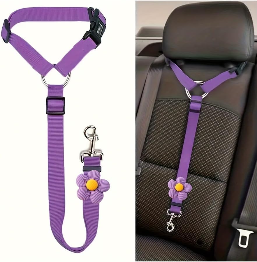 Generic adjustable dog car seat belt with flower design attached to headrest